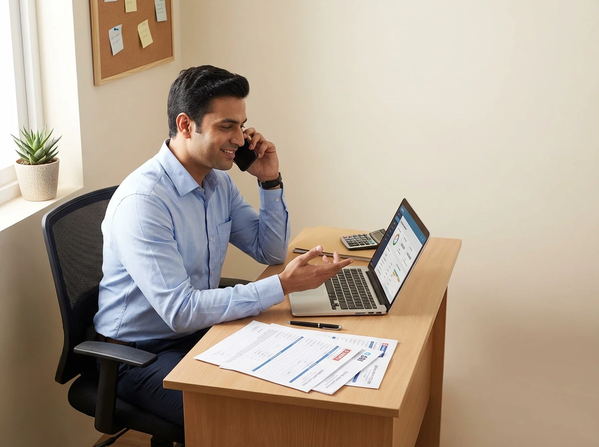 DSA agent on a call with bank RM, reviewing loan applications on his laptop